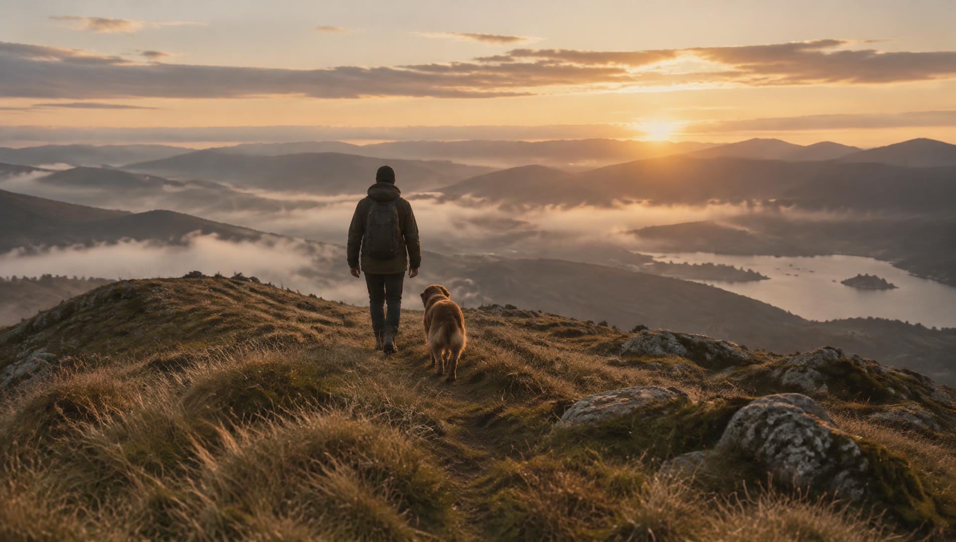 A person and their dog walking a misty ridge at sunrise